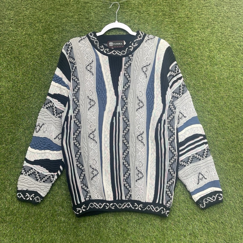 Tundra Coogi Sweater Mens Medium Abstract 100% Cotton Knit Sweater 3D Knit y2k